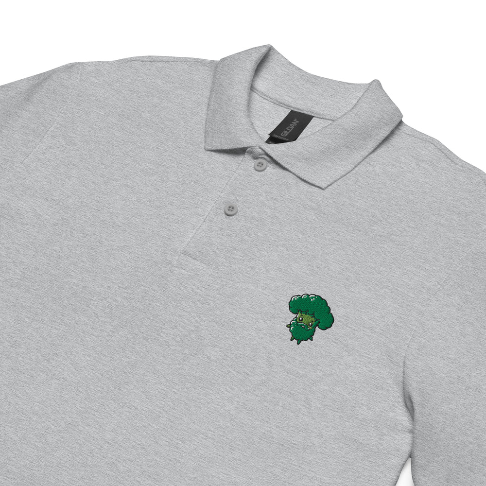 TheVeggieClub Heren Poloshirt van 100% Piqué Katoen met Geborduurd Broccoli B27 Logo – Sport Grijs Close-up detail