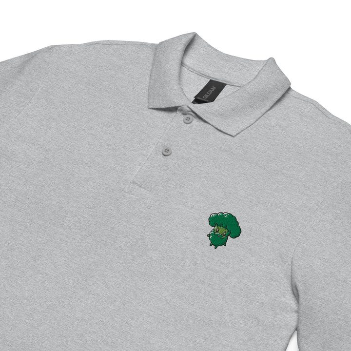TheVeggieClub Heren Poloshirt van 100% Piqué Katoen met Geborduurd Broccoli B27 Logo – Sport Grijs Close-up detail