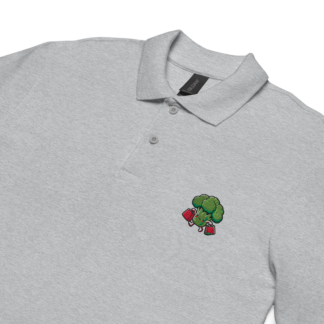 TheVeggieClub Heren Poloshirt van 100% Piqué Katoen met Geborduurd Broccoli B30 Logo – Sport Grijs Close-up detail