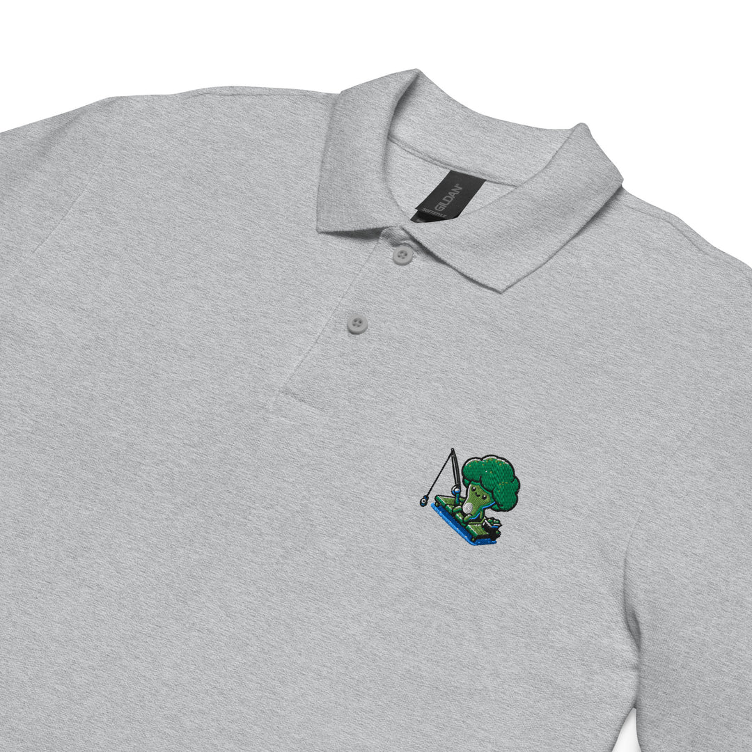 TheVeggieClub Heren Poloshirt van 100% Piqué Katoen met Geborduurd Broccoli B34 Logo – Sport Grijs Close-up detail