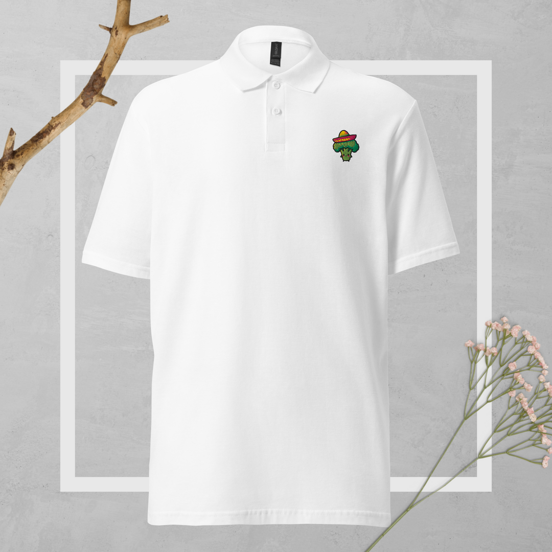 TheVeggieClub Duurzame Heren Fashion – Basic Piqué Poloshirt met geborduurd Broccoli logo B03 – Wit voorkant
