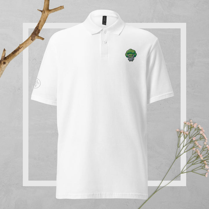TheVeggieClub Duurzame Heren Fashion – Basic Piqué Poloshirt met geborduurd Broccoli logo B01 – Wit voorkant