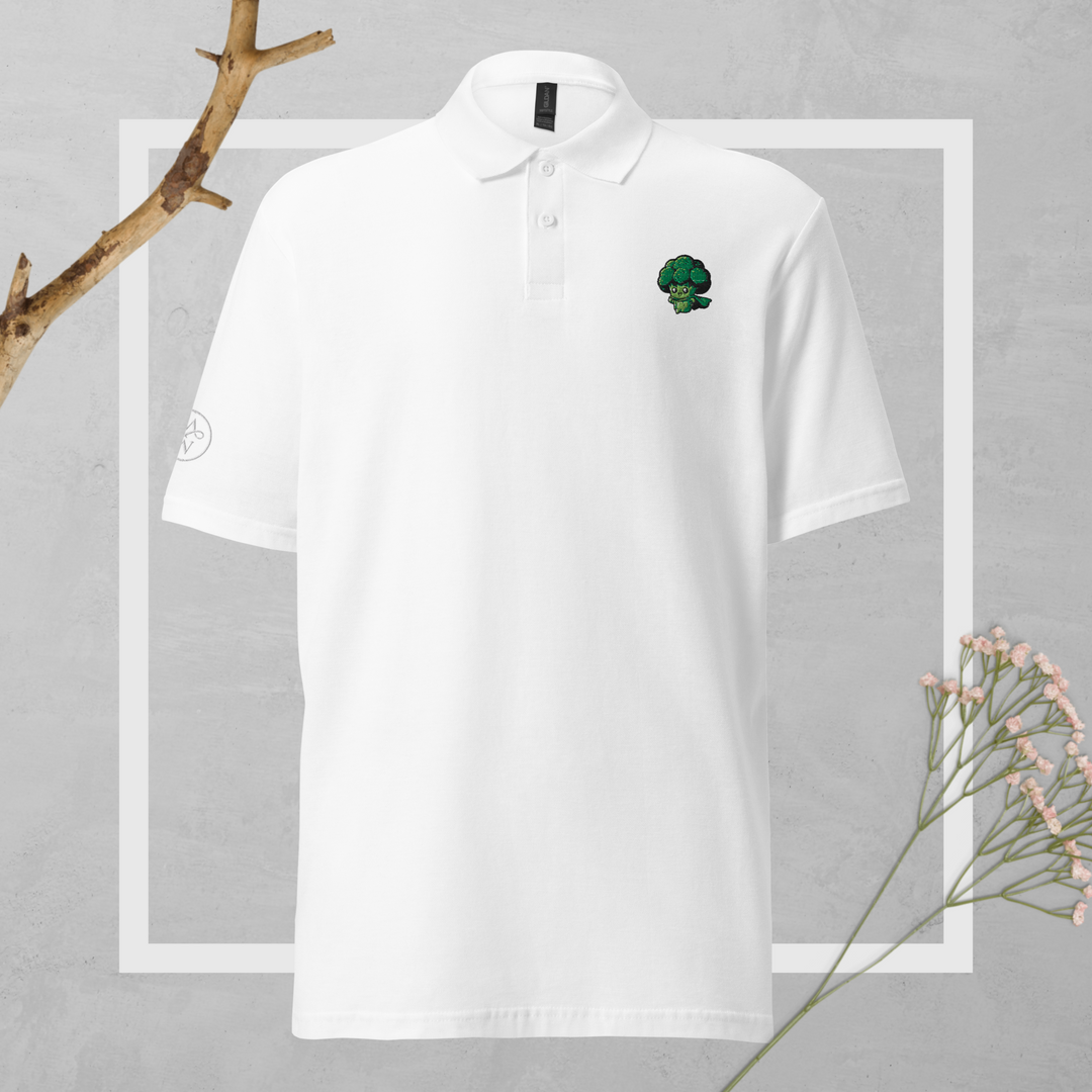 TheVeggieClub Duurzame Heren Fashion – Basic Piqué Poloshirt met geborduurd Broccoli logo B06 – Wit voorkant