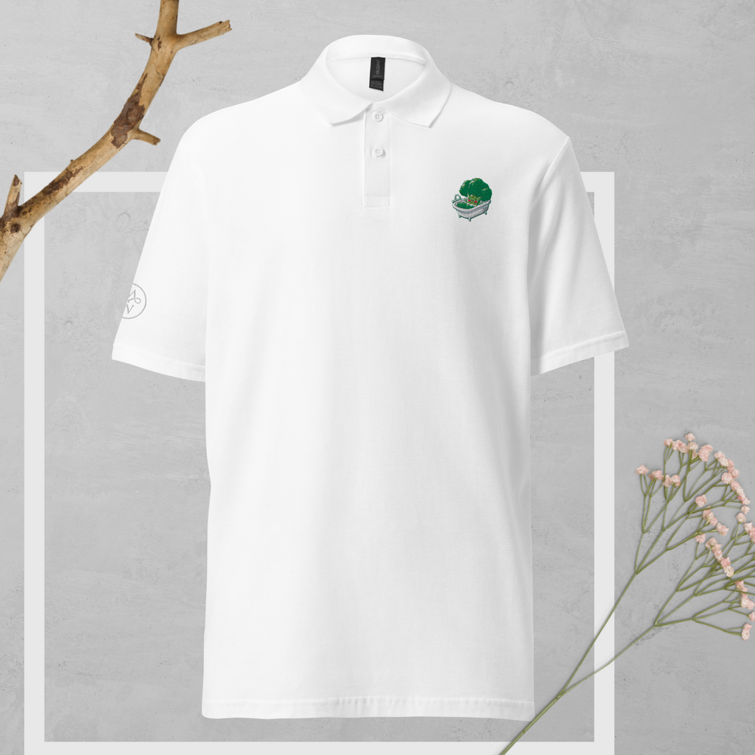 TheVeggieClub Duurzame Heren Fashion – Basic Piqué Poloshirt met geborduurd Broccoli logo B07 – Wit voorkant