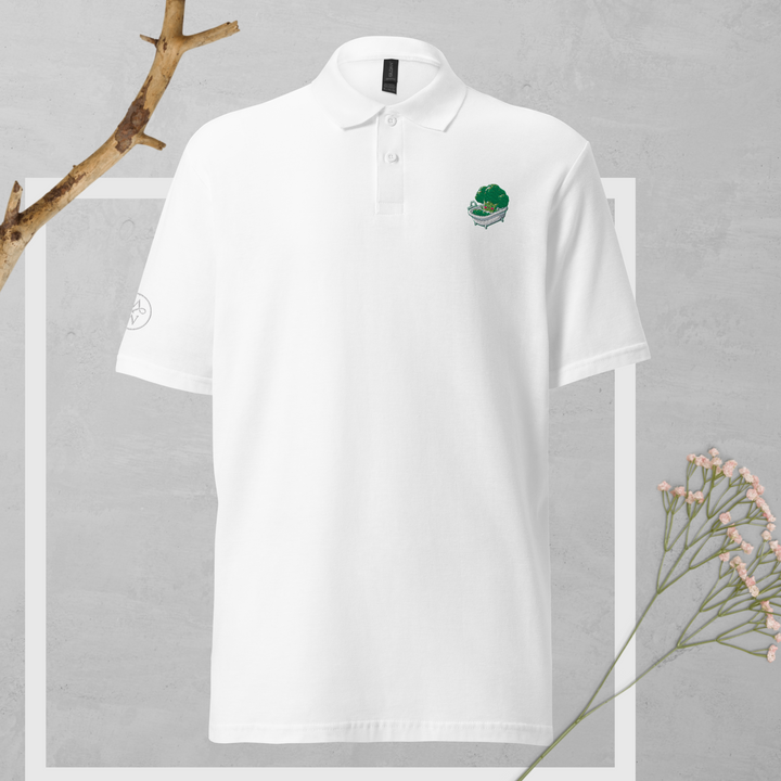 TheVeggieClub Duurzame Heren Fashion – Basic Piqué Poloshirt met geborduurd Broccoli logo B07 – Wit voorkant