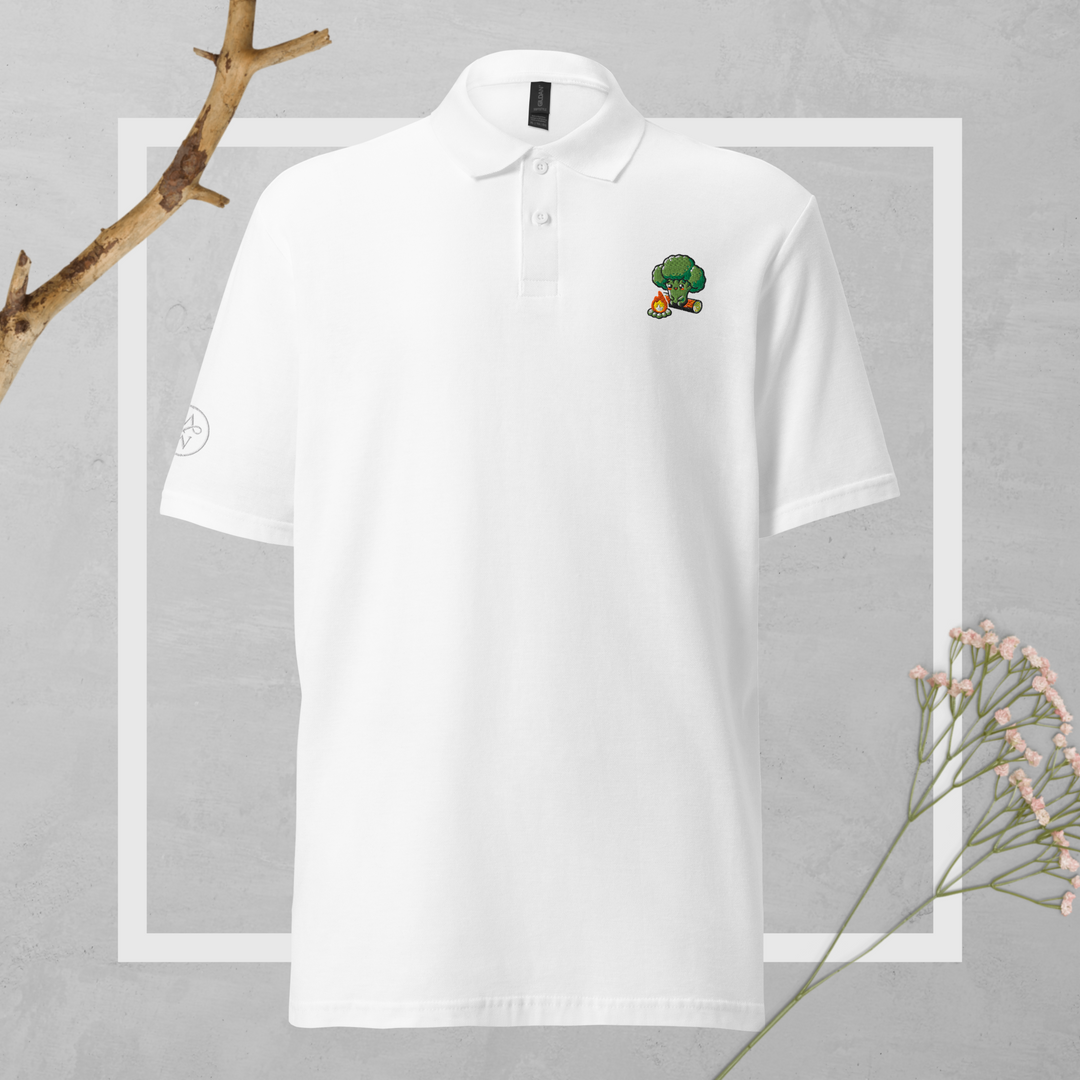 TheVeggieClub Duurzame Heren Fashion – Basic Piqué Poloshirt met geborduurd Broccoli logo B14 – Wit voorkant