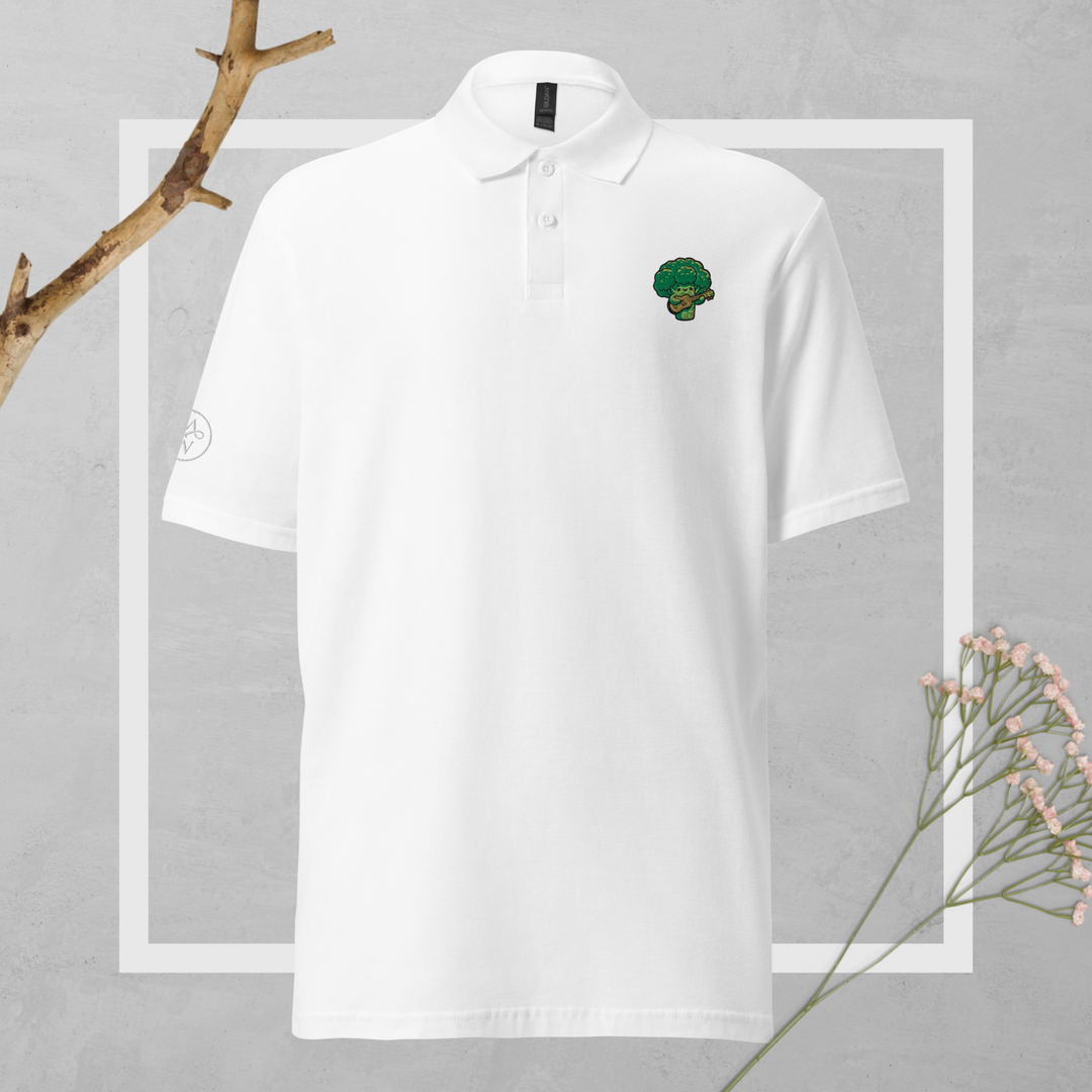 TheVeggieClub Duurzame Heren Fashion – Basic Piqué Poloshirt met geborduurd Broccoli logo B20 – Wit voorkant