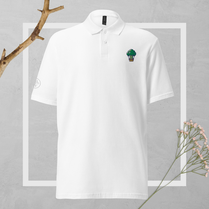 TheVeggieClub Duurzame Heren Fashion – Basic Piqué Poloshirt met geborduurd Broccoli logo B21 – Wit voorkant