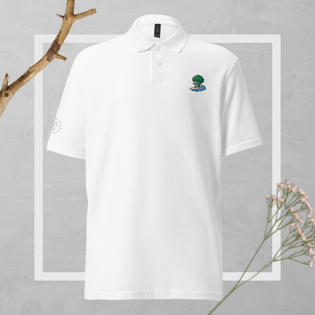 TheVeggieClub Duurzame Heren Fashion – Basic Piqué Poloshirt met geborduurd Broccoli logo B22 – Wit voorkant