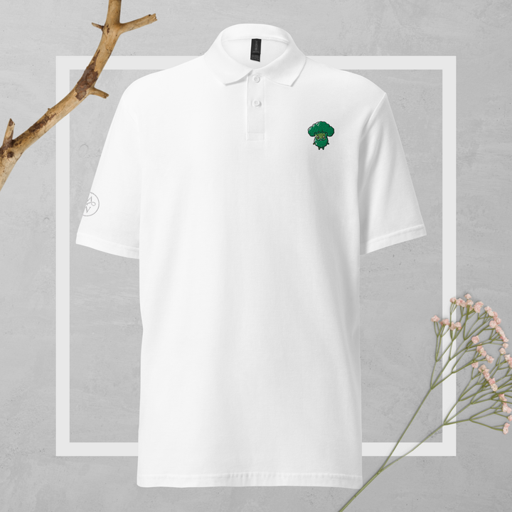 TheVeggieClub Duurzame Heren Fashion – Basic Piqué Poloshirt met geborduurd Broccoli logo B27 – Wit voorkant