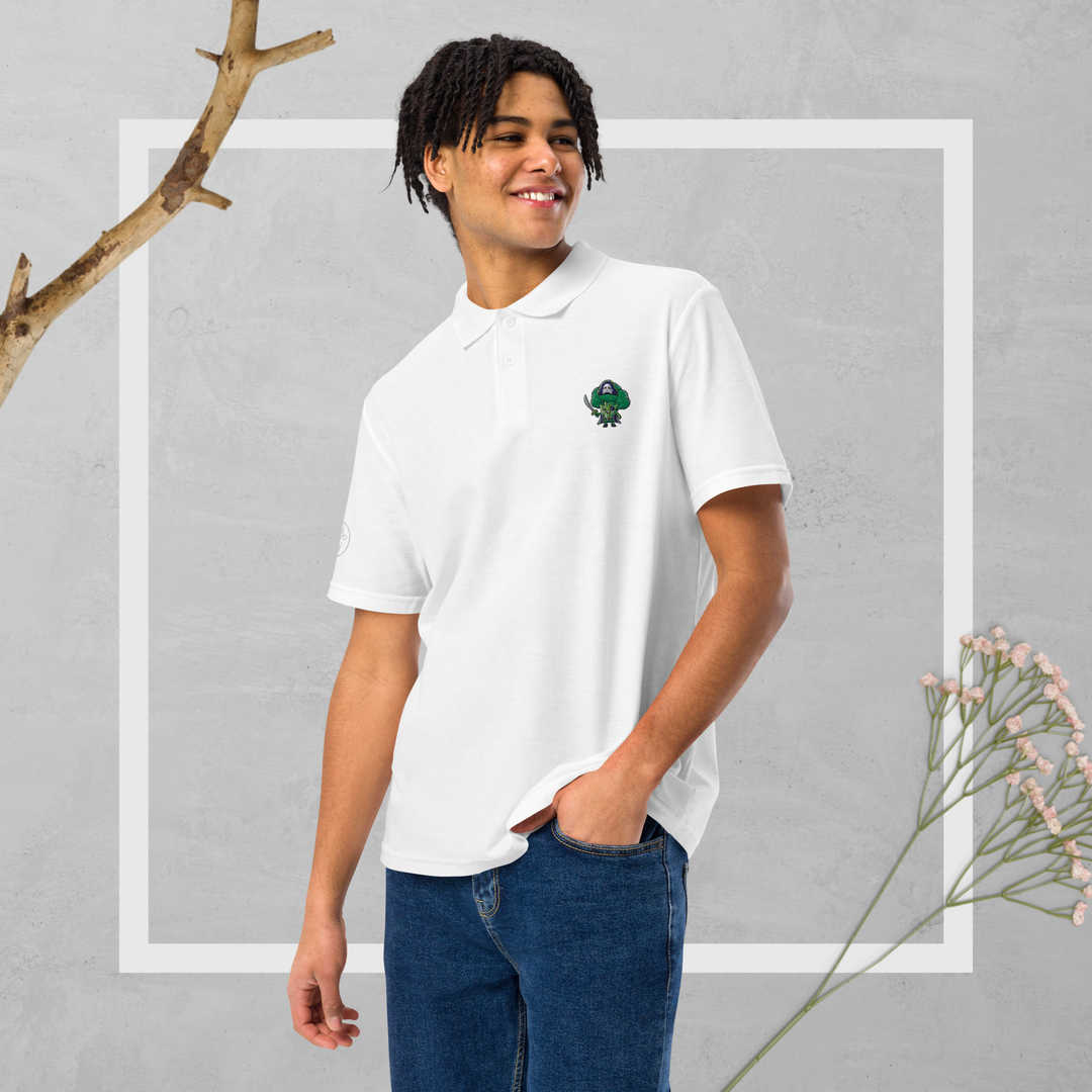 TheVeggieClub Duurzame Heren Fashion – Basic Piqué Poloshirt met geborduurd Broccoli logo B29 – Wit voorkant met model