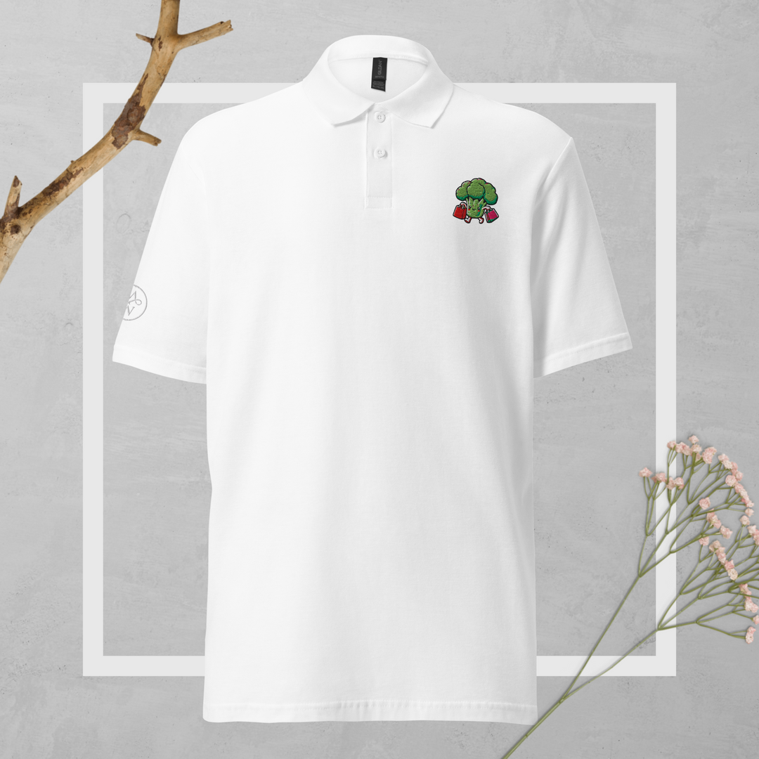 TheVeggieClub Duurzame Heren Fashion – Basic Piqué Poloshirt met geborduurd Broccoli logo B30 – Wit voorkant
