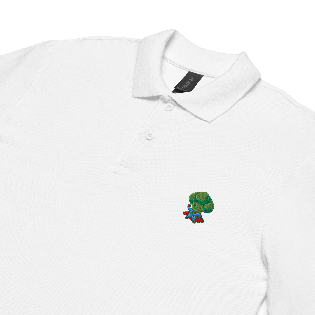 TheVeggieClub Heren Poloshirt van 100% Piqué Katoen met Geborduurd Broccoli B02 Logo – Wit close-up detail