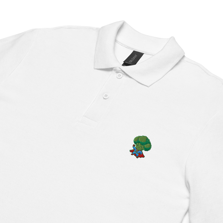 TheVeggieClub Heren Poloshirt van 100% Piqué Katoen met Geborduurd Broccoli B02 Logo – Wit close-up detail