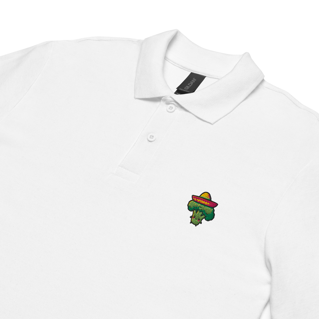 TheVeggieClub Heren Poloshirt van 100% Piqué Katoen met Geborduurd Broccoli B03 Logo – Wit close-up detail