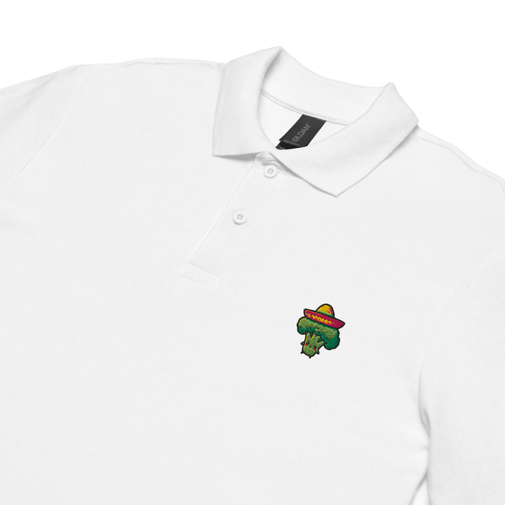 TheVeggieClub Heren Poloshirt van 100% Piqué Katoen met Geborduurd Broccoli B03 Logo – Wit close-up detail