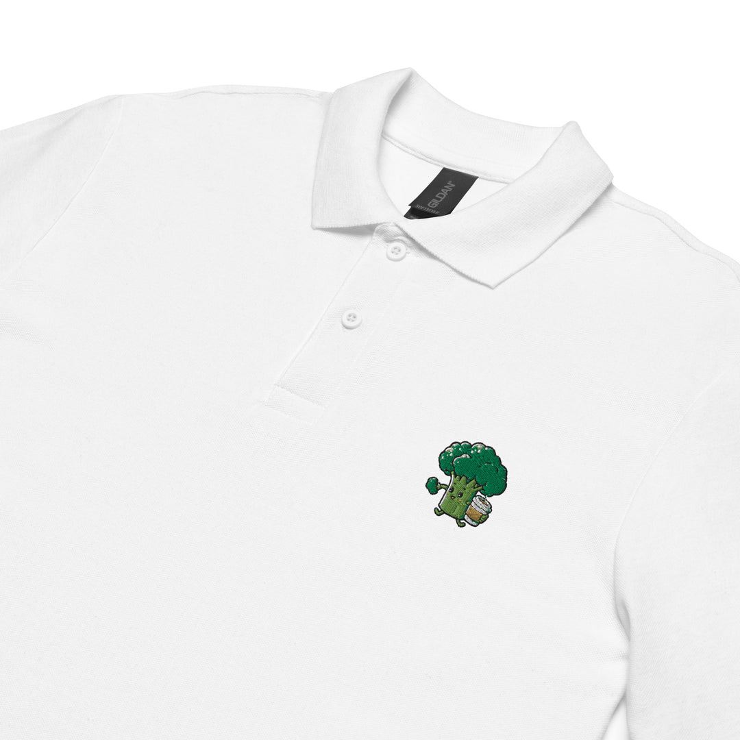 TheVeggieClub Heren Poloshirt van 100% Piqué Katoen met Geborduurd Broccoli B04 Logo – Wit close-up detail