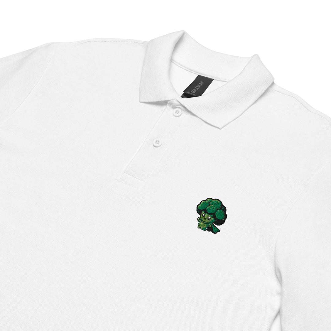 TheVeggieClub Heren Poloshirt van 100% Piqué Katoen met Geborduurd Broccoli B06 Logo – Wit close-up detail