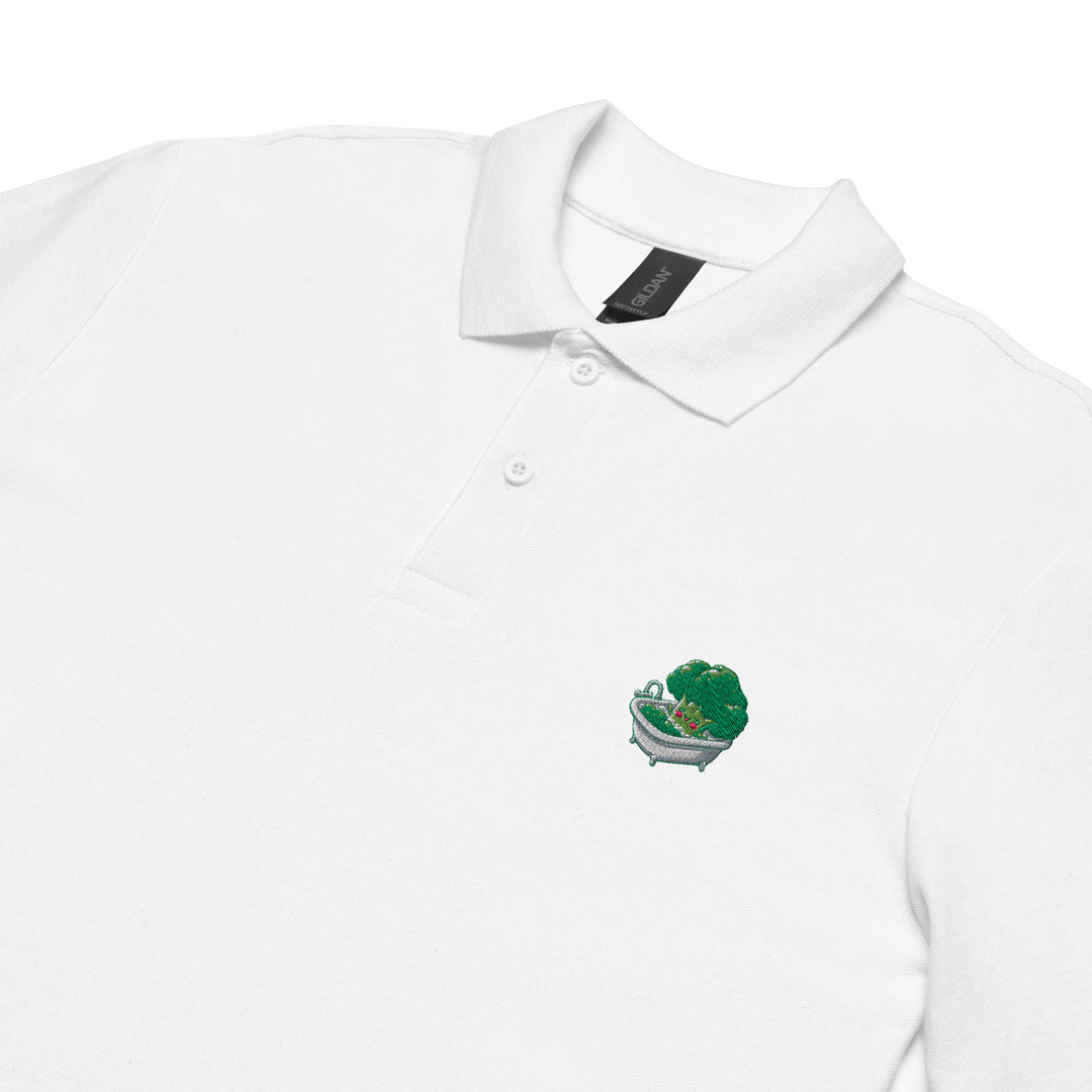 TheVeggieClub Heren Poloshirt van 100% Piqué Katoen met Geborduurd Broccoli B07 Logo – Wit close-up detail