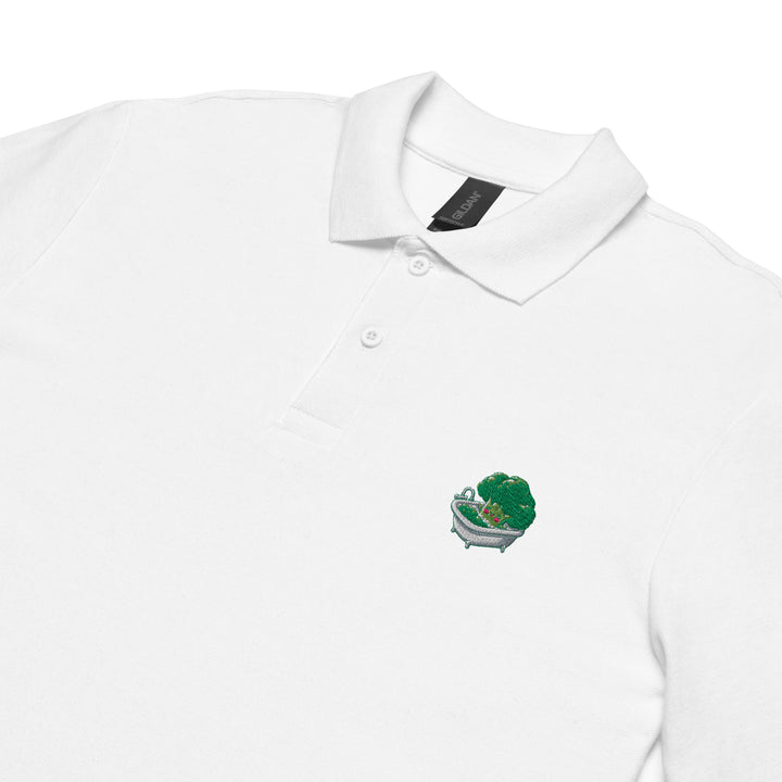 TheVeggieClub Heren Poloshirt van 100% Piqué Katoen met Geborduurd Broccoli B07 Logo – Wit close-up detail