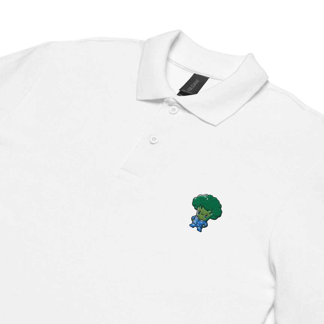 TheVeggieClub Heren Poloshirt van 100% Piqué Katoen met Geborduurd Broccoli B08 Logo – Wit close-up detail