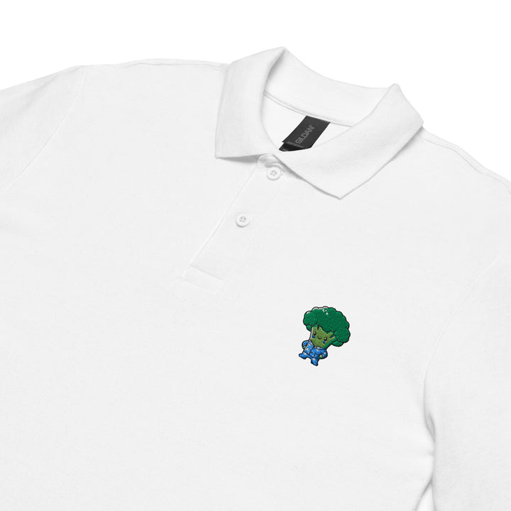 TheVeggieClub Heren Poloshirt van 100% Piqué Katoen met Geborduurd Broccoli B08 Logo – Wit close-up detail