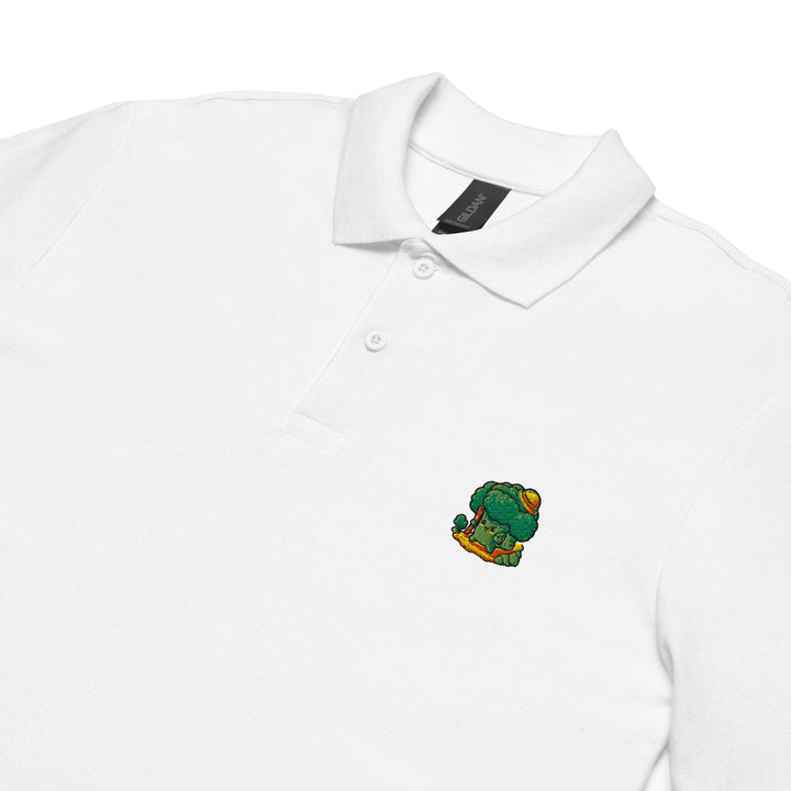 TheVeggieClub Heren Poloshirt van 100% Piqué Katoen met Geborduurd Broccoli B10 Logo – Wit close-up detail