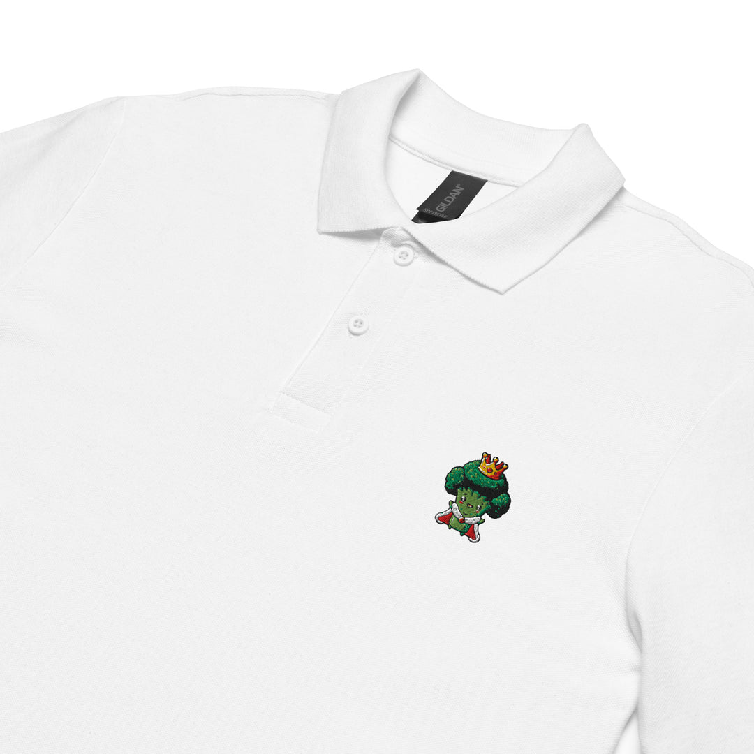 TheVeggieClub Heren Poloshirt van 100% Piqué Katoen met Geborduurd Broccoli B11 Logo – Wit close-up detail