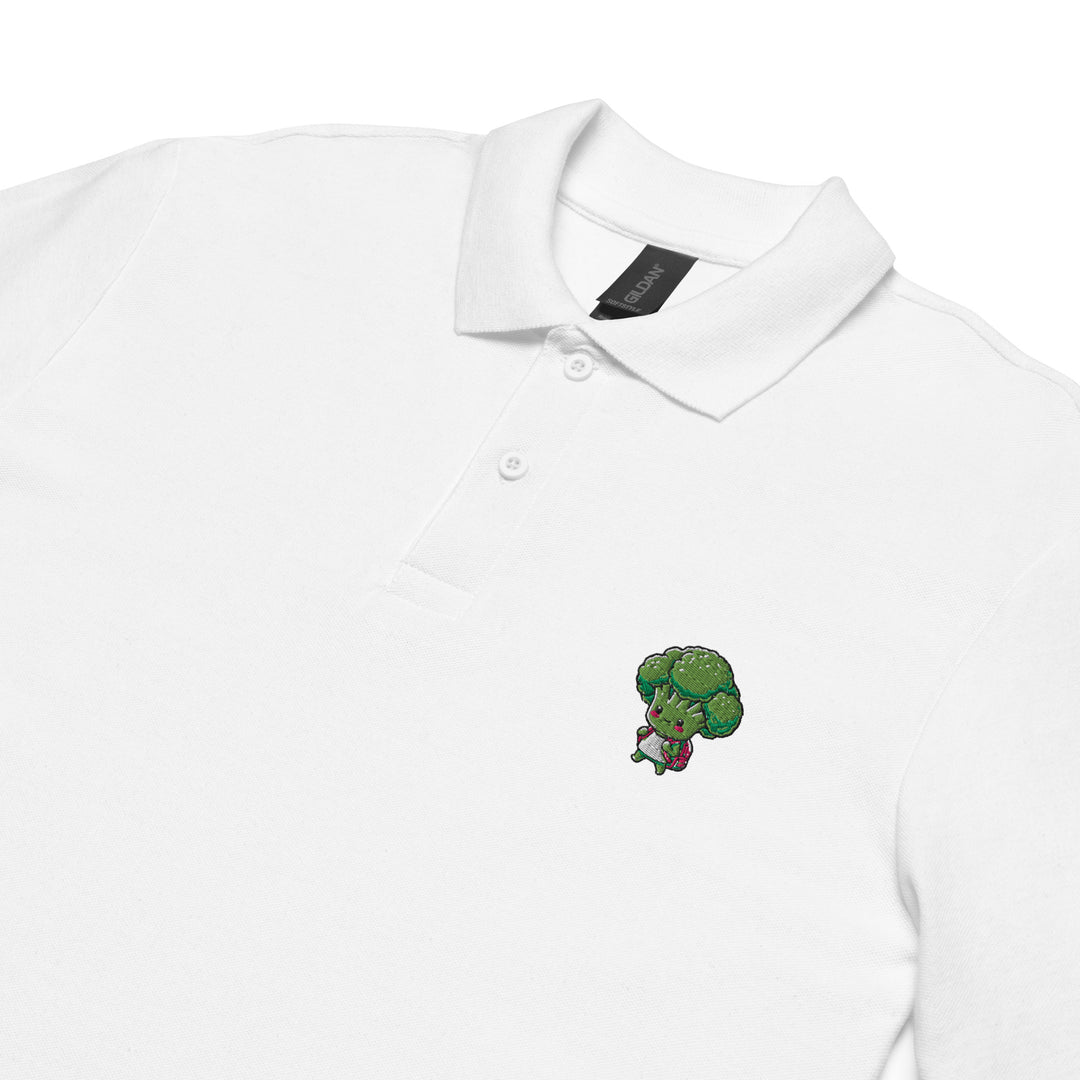 TheVeggieClub Heren Poloshirt van 100% Piqué Katoen met Geborduurd Broccoli B12 Logo – Wit close-up detail