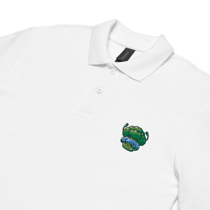 TheVeggieClub Heren Poloshirt van 100% Piqué Katoen met Geborduurd Broccoli B13 Logo – Wit close-up detail