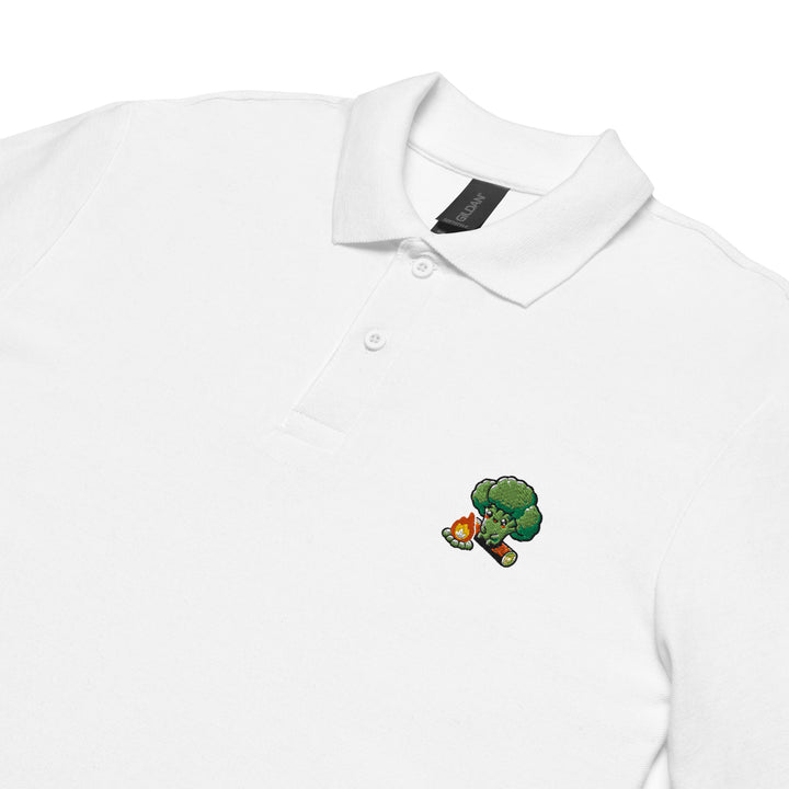 TheVeggieClub Heren Poloshirt van 100% Piqué Katoen met Geborduurd Broccoli B14 Logo – Wit close-up detail