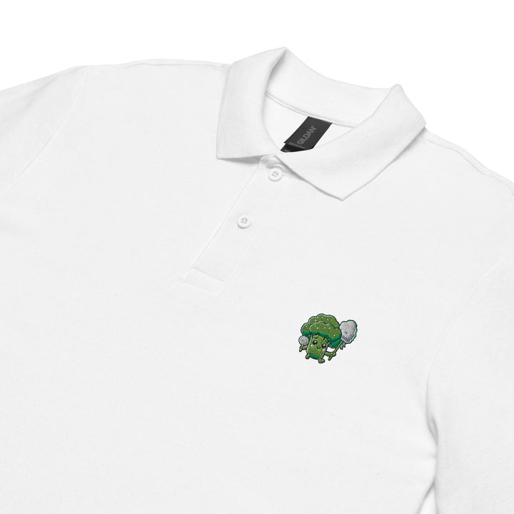 TheVeggieClub Heren Poloshirt van 100% Piqué Katoen met Geborduurd Broccoli B17 Logo – Wit close-up detail