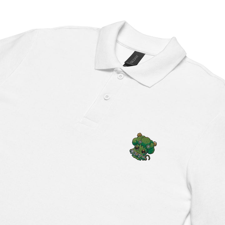 TheVeggieClub Heren Poloshirt van 100% Piqué Katoen met Geborduurd Broccoli B18 Logo – Wit close-up detail