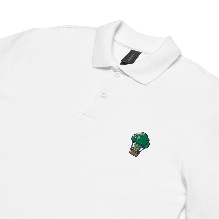 TheVeggieClub Heren Poloshirt van 100% Piqué Katoen met Geborduurd Broccoli B21 Logo – Wit close-up detail