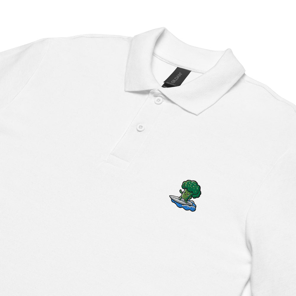 TheVeggieClub Heren Poloshirt van 100% Piqué Katoen met Geborduurd Broccoli B22 Logo – Wit close-up detail