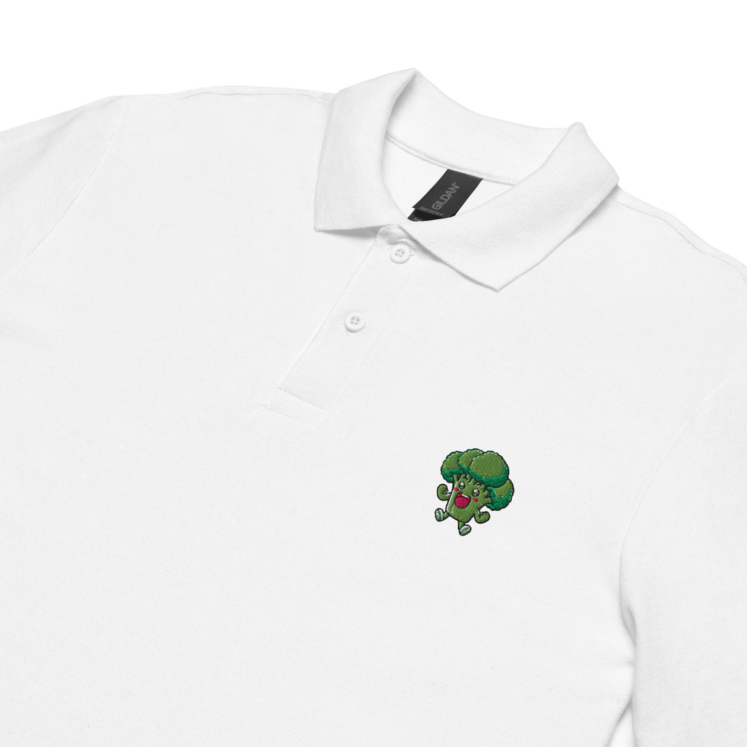 TheVeggieClub Heren Poloshirt van 100% Piqué Katoen met Geborduurd Broccoli B23 Logo – Wit close-up detail