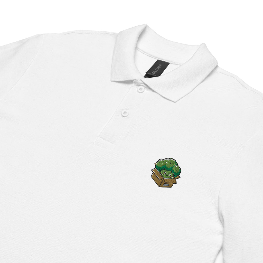 TheVeggieClub Heren Poloshirt van 100% Piqué Katoen met Geborduurd Broccoli B24 Logo – Wit close-up detail