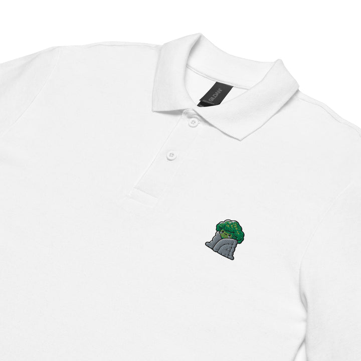 TheVeggieClub Heren Poloshirt van 100% Piqué Katoen met Geborduurd Broccoli B25 Logo – Wit close-up detail