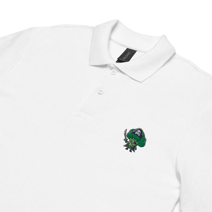 TheVeggieClub Heren Poloshirt van 100% Piqué Katoen met Geborduurd Broccoli B29 Logo – Wit close-up detail