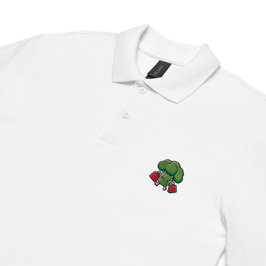 TheVeggieClub Heren Poloshirt van 100% Piqué Katoen met Geborduurd Broccoli B30 Logo – Wit close-up detail