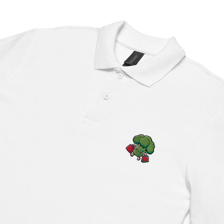 TheVeggieClub Heren Poloshirt van 100% Piqué Katoen met Geborduurd Broccoli B30 Logo – Wit close-up detail