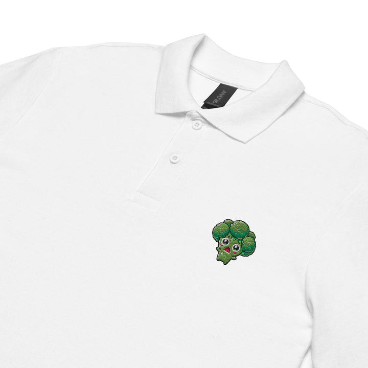 TheVeggieClub Heren Poloshirt van 100% Piqué Katoen met Geborduurd Broccoli B31 Logo – Wit close-up detail