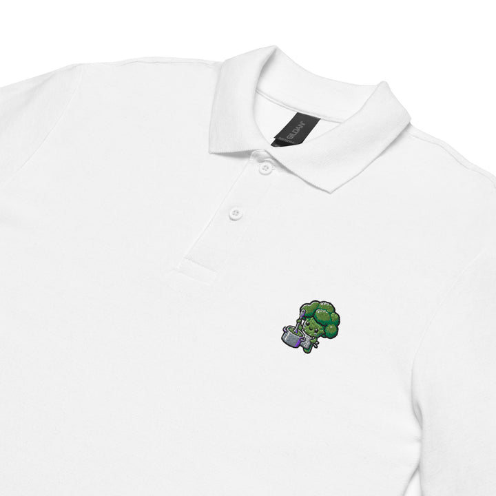 TheVeggieClub Heren Poloshirt van 100% Piqué Katoen met Geborduurd Broccoli B32 Logo – Wit close-up detail