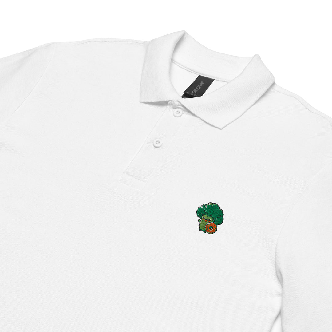 TheVeggieClub Heren Poloshirt van 100% Piqué Katoen met Geborduurd Broccoli B33 Logo – Wit close-up detail
