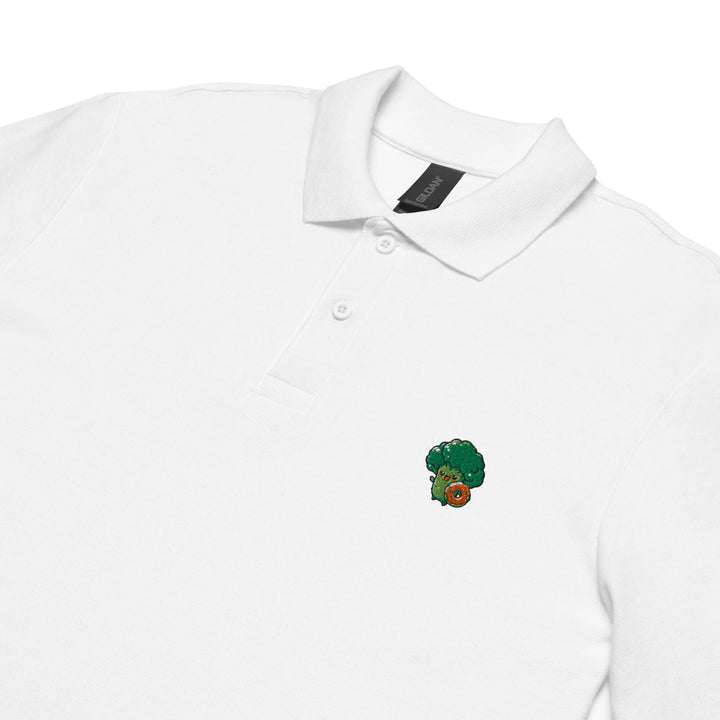 TheVeggieClub Heren Poloshirt van 100% Piqué Katoen met Geborduurd Broccoli B33 Logo – Wit close-up detail