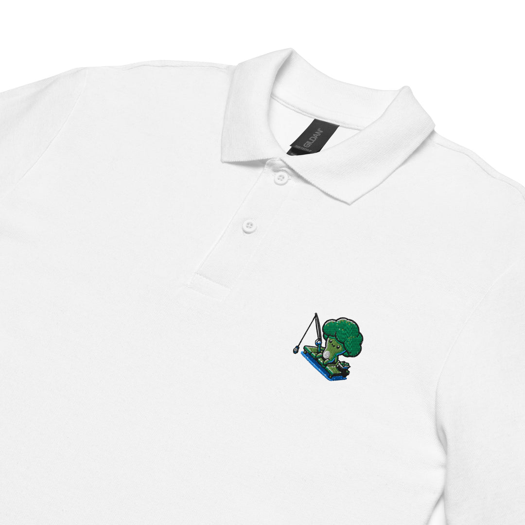 TheVeggieClub Heren Poloshirt van 100% Piqué Katoen met Geborduurd Broccoli B34 Logo – Wit close-up detail