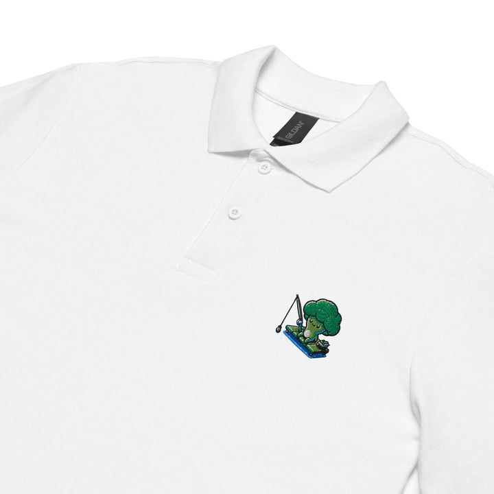 TheVeggieClub Heren Poloshirt van 100% Piqué Katoen met Geborduurd Broccoli B34 Logo – Wit close-up detail