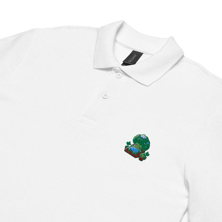 TheVeggieClub Heren Poloshirt van 100% Piqué Katoen met Geborduurd Broccoli B35 Logo – Wit close-up detail