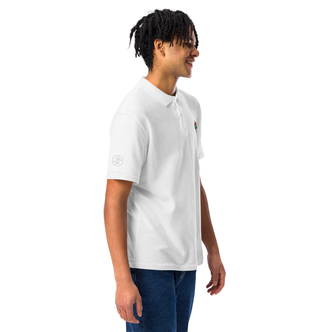 TheVeggieClub Duurzame Heren Fashion – Basic Piqué Poloshirt met geborduurd Broccoli logo B03 – Wit zijkant met model